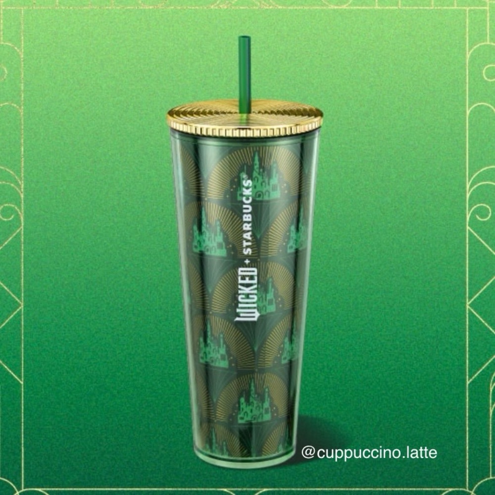 💚NWT✨2024 Starbucks X Wicked Metallic Gold & Green Emerald City Castle Tumbler